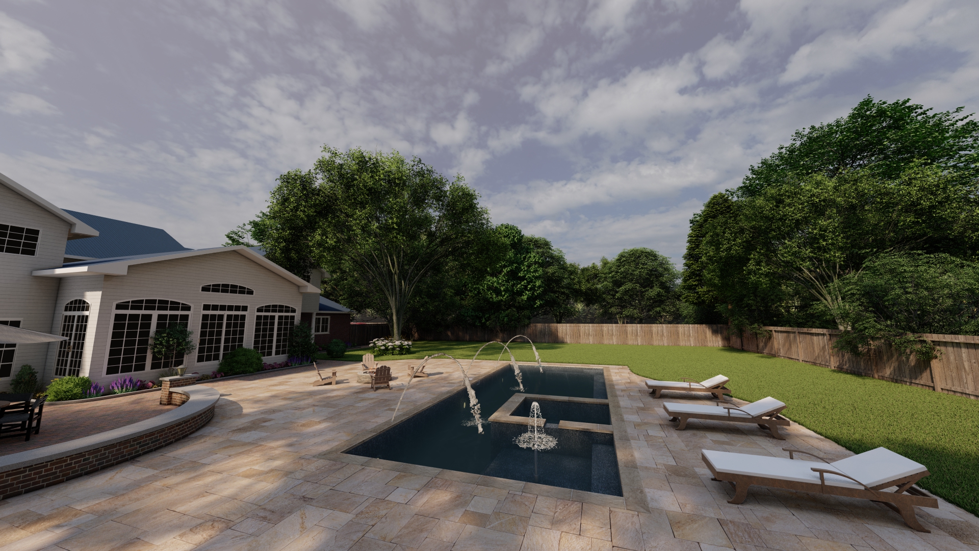 Ground-level view of pool with fountains